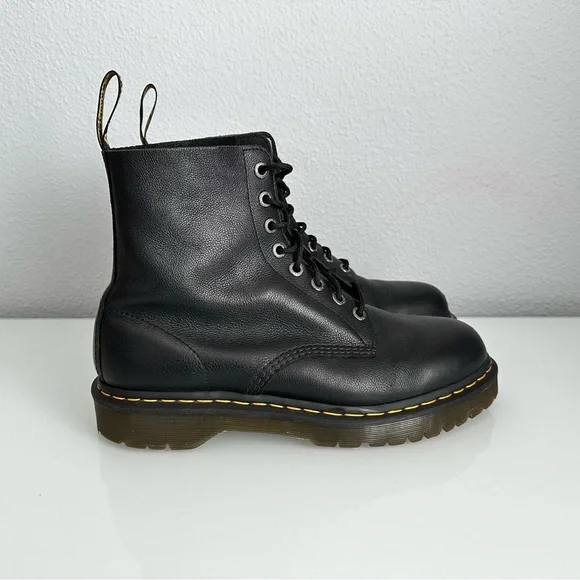 Dr. Martens Black Leather Lace-Up Platform Boots with Yellow Stitching - Picture 2 of 10